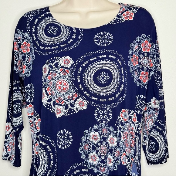 Robbie Bee Sheath Dress M Navy Blue Geometric Floral Print Knee Lnth 3/4 Sleeves - Picture 2 of 12